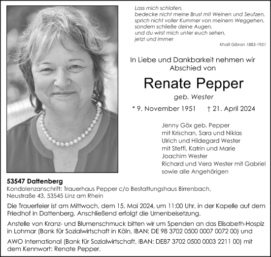 Traueranzeige von Renate Pepper von Rhein-Zeitung