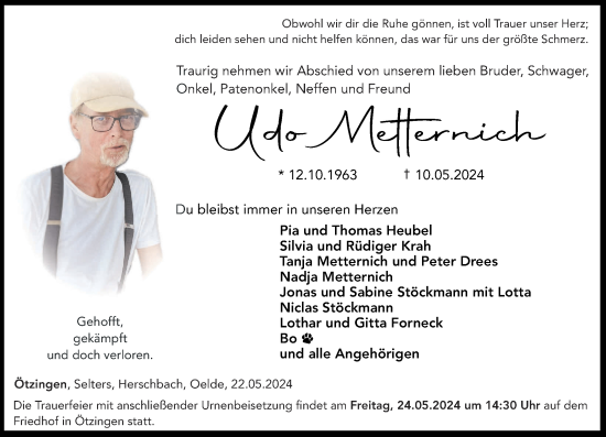 Traueranzeige von Udo Metternich von Westerwälder Zeitung