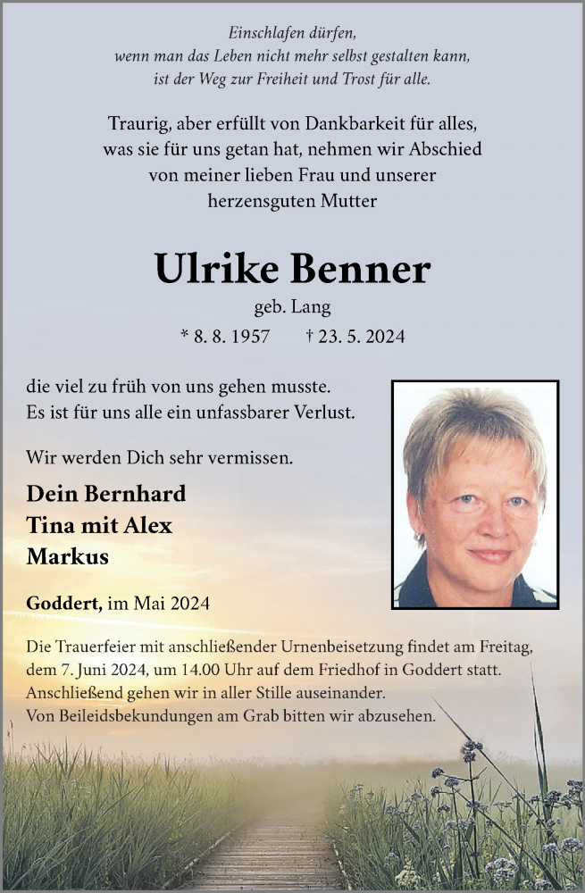  Traueranzeige für Ulrike Benner vom 01.06.2024 aus Westerwälder Zeitung