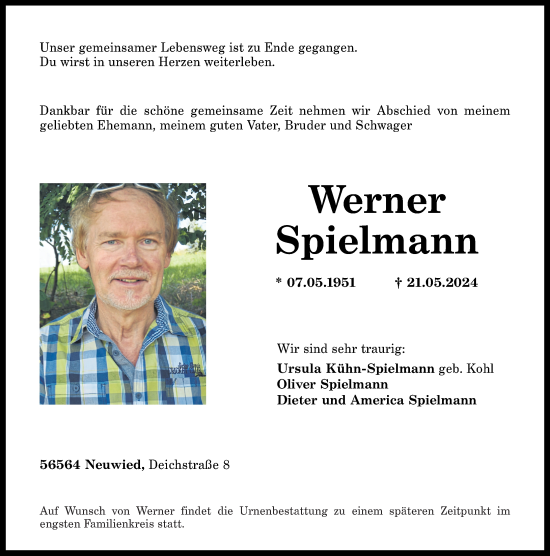 Traueranzeige von Werner Spielmann von Rhein-Zeitung