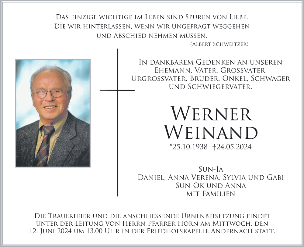  Traueranzeige für Werner Weinand vom 01.06.2024 aus Rhein-Zeitung