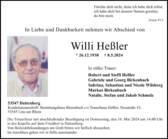 Traueranzeige von Willi Heßler von Rhein-Zeitung