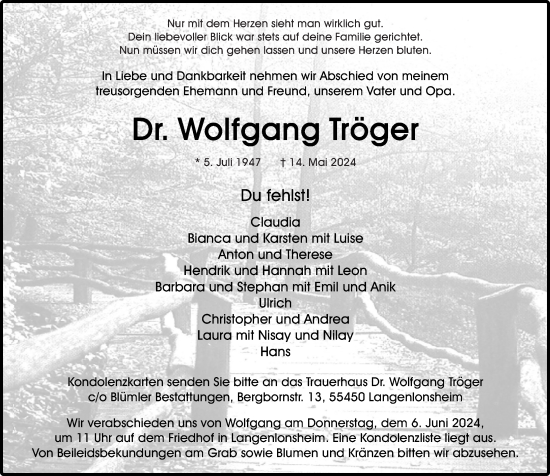 Traueranzeige von Wolfgang Tröger von Oeffentlicher Anzeiger
