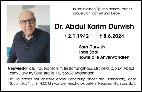 Traueranzeige von Abdul Karim Durwish von Rhein-Zeitung