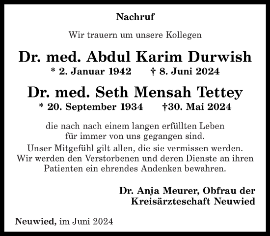Traueranzeige von Abdul Karim und Seth Mensah Durwish, Tettey von Rhein-Zeitung