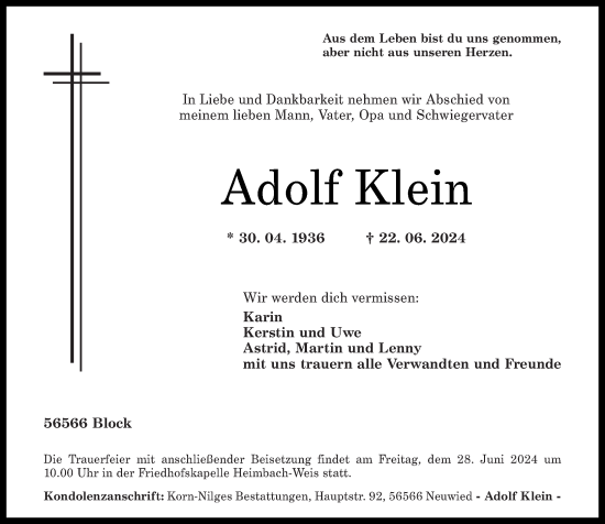 Traueranzeige von Adolf Klein von Rhein-Zeitung