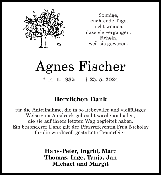 Traueranzeige von Agnes Fischer von Westerwälder Zeitung