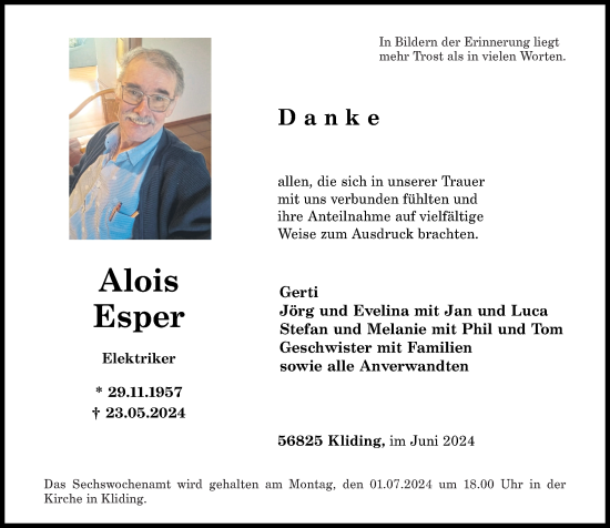 Traueranzeige von Alois Esper von Rhein-Zeitung