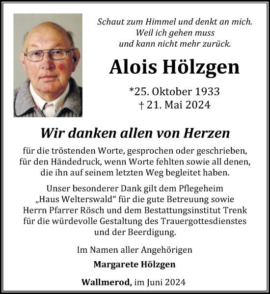 Traueranzeige von Alois Hölzgen von Westerwälder Zeitung