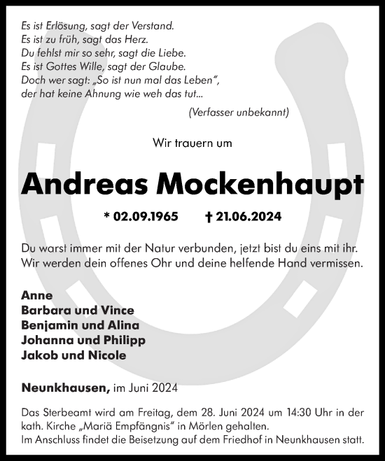 Traueranzeige von Andreas Mockenhaupt von Westerwälder Zeitung, Rhein-Zeitung