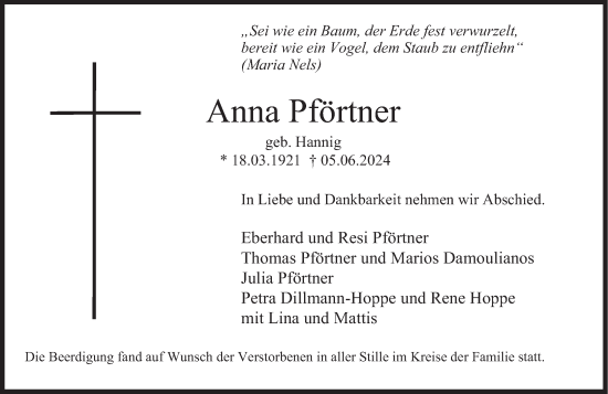 Traueranzeige von Anna Pförtner von Rhein-Zeitung