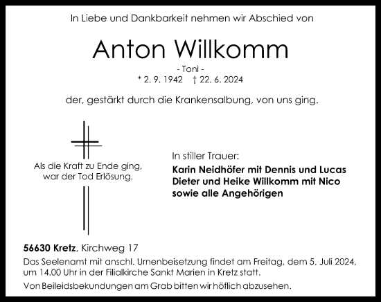 Traueranzeige von Anton Willkomm von Rhein-Zeitung