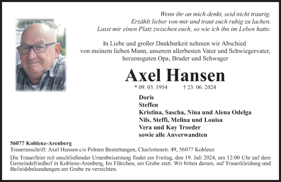 Traueranzeige von Axel Hansen von Rhein-Zeitung