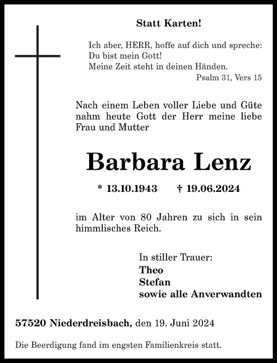 Traueranzeige von Barbara Lenz von Rhein-Zeitung