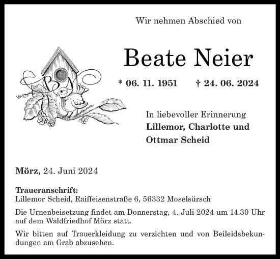 Traueranzeige von Beate Neier von Rhein-Zeitung
