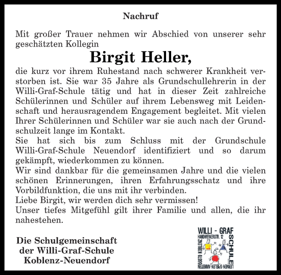 Traueranzeige von Birgit Heller von Rhein-Zeitung