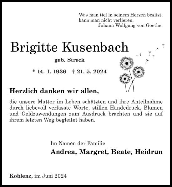 Traueranzeige von Brigitte Kusenbach von Rhein-Zeitung
