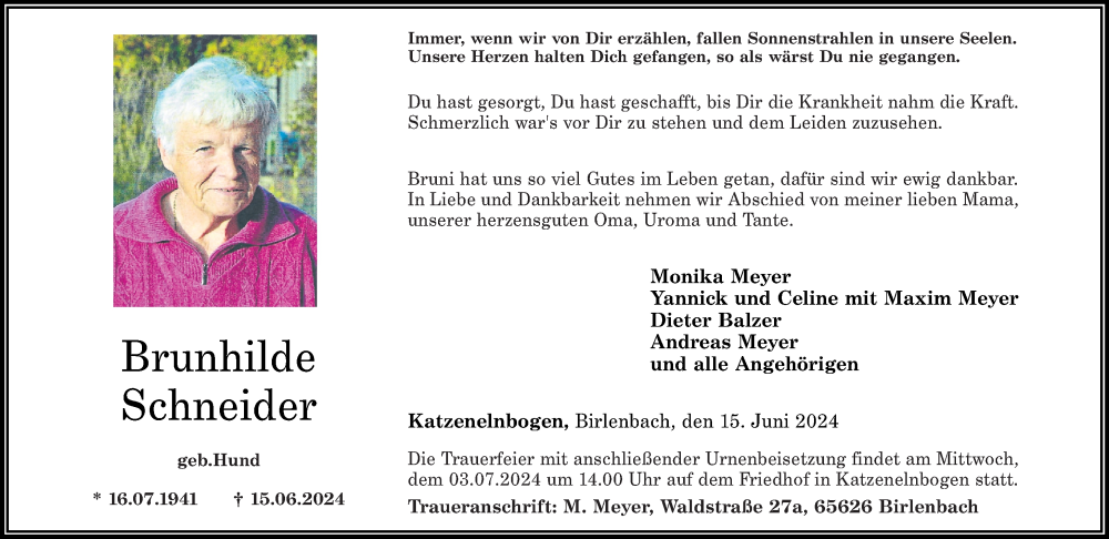  Traueranzeige für Brunhilde Schneider vom 26.06.2024 aus Rhein-Lahn-Zeitung