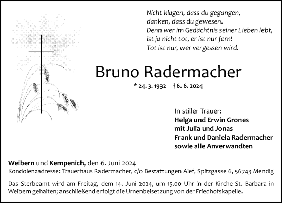 Traueranzeige von Bruno Radermacher von Rhein-Zeitung