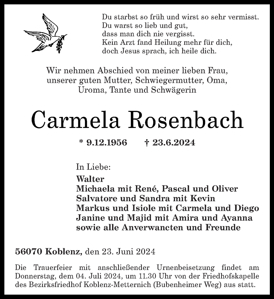  Traueranzeige für Carmela Rosenbach vom 29.06.2024 aus Rhein-Zeitung