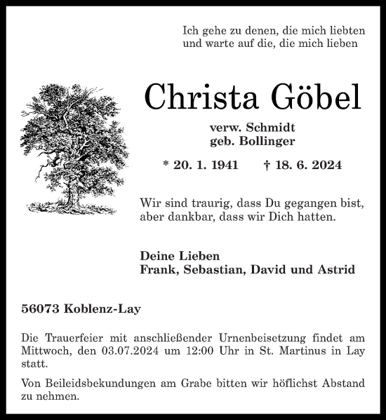 Traueranzeige von Christa Göbel von Rhein-Zeitung
