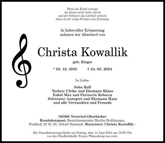 Traueranzeige von Christa Kowallik von Rhein-Zeitung