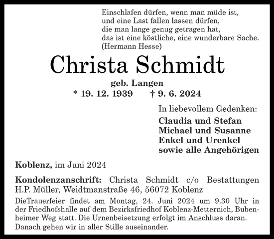 Traueranzeige von Christa Schmidt von Rhein-Zeitung