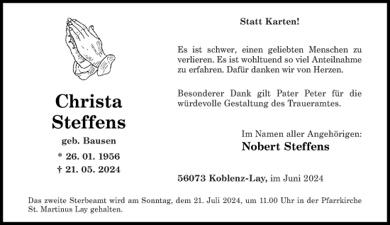 Traueranzeige von Christa Steffens von Rhein-Zeitung