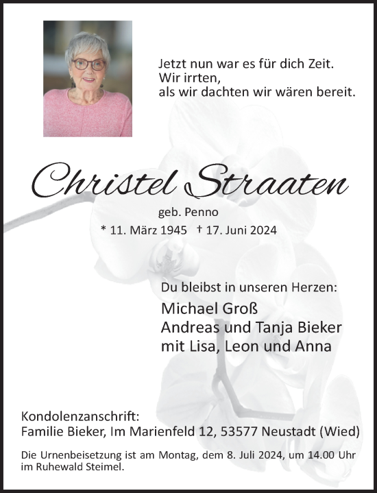 Traueranzeige von Christel Straaten von Rhein-Zeitung