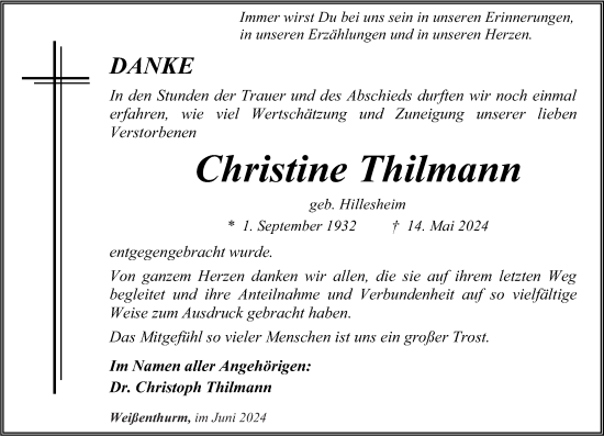 Traueranzeige von Christine Thilmann von Rhein-Zeitung