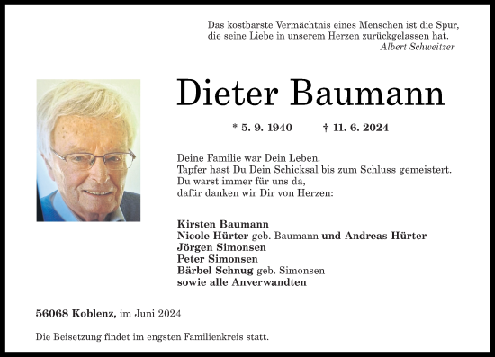 Traueranzeige von Dieter Baumann von Rhein-Zeitung