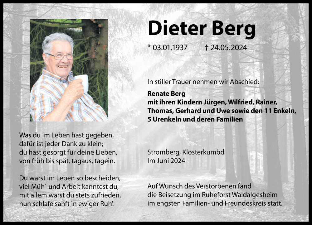  Traueranzeige für Dieter Berg vom 15.06.2024 aus Rhein-Hunsrück-Zeitung