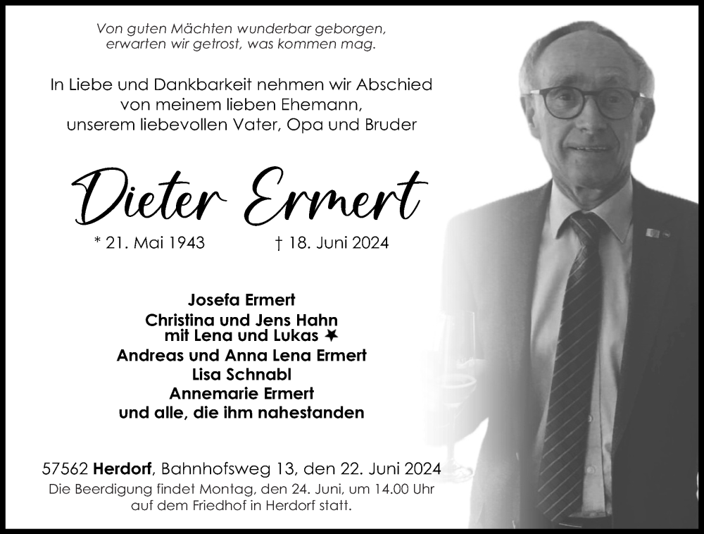  Traueranzeige für Dieter Ermert vom 22.06.2024 aus Rhein-Zeitung