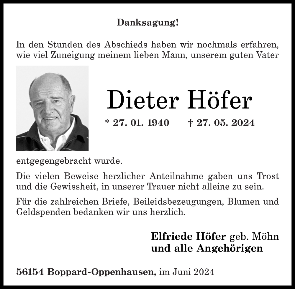  Traueranzeige für Dieter Höfer vom 29.06.2024 aus Rhein-Zeitung