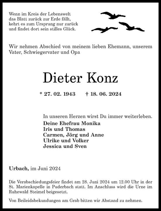 Traueranzeige von Dieter Konz von Rhein-Zeitung