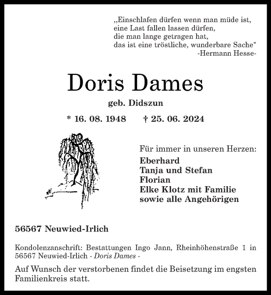 Traueranzeige von Doris Dames von Rhein-Zeitung