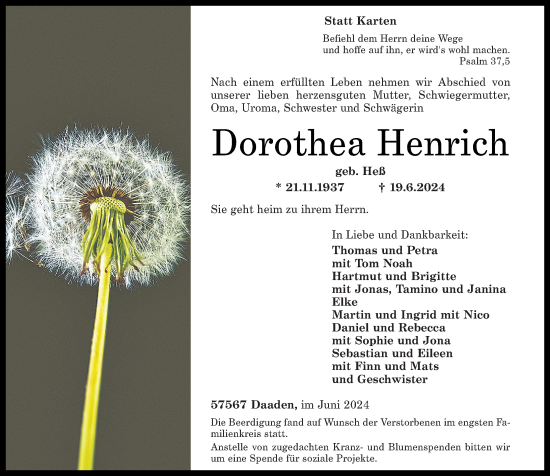 Traueranzeige von Dorothea Henrich von Rhein-Zeitung