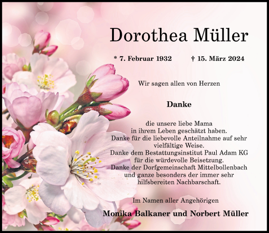 Traueranzeige von Dorothea Müller von Nahe-Zeitung
