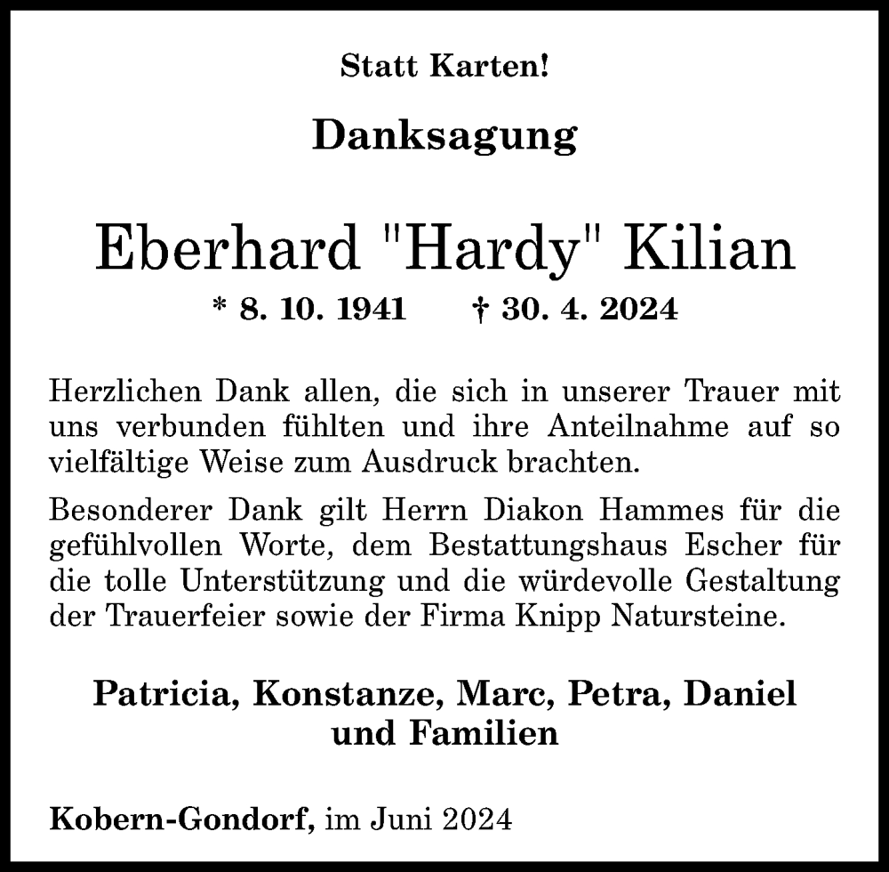  Traueranzeige für Eberhard  Kilian vom 22.06.2024 aus Rhein-Zeitung
