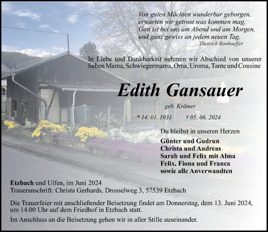 Traueranzeige von Edith Gansauer von Rhein-Zeitung