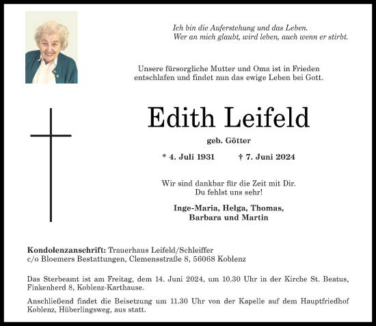 Traueranzeige von Edith Leifeld von Rhein-Zeitung