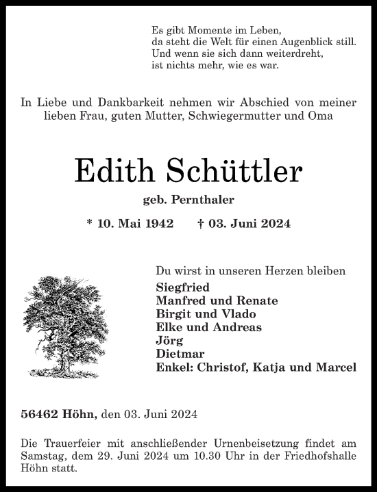 Traueranzeige von Edith Schüttler von Westerwälder Zeitung