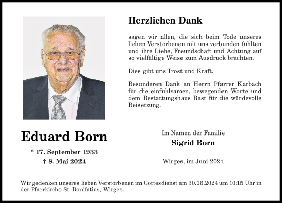 Traueranzeige von Eduard Born von Westerwälder Zeitung