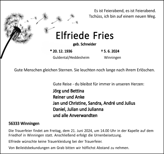 Traueranzeige von Elfriede Fries von Rhein-Zeitung