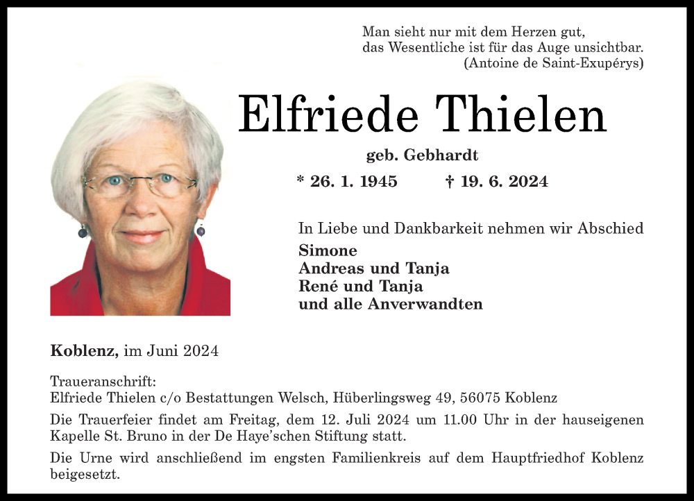 Traueranzeige für Elfriede Thielen vom 29.06.2024 aus Rhein-Zeitung
