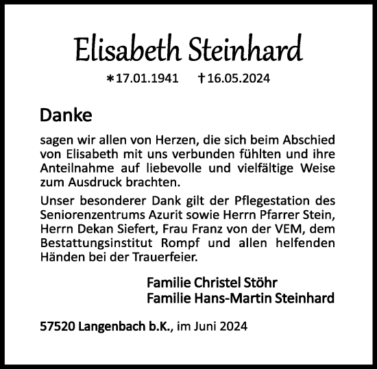 Traueranzeige von Elisabeth Steinhard von Westerwälder Zeitung