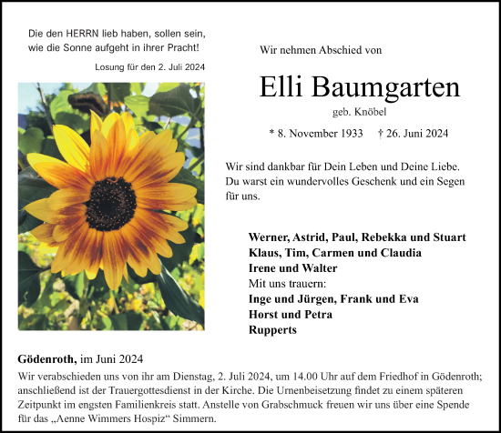 Traueranzeige von Elli Baumgarten von Rhein-Hunsrück-Zeitung