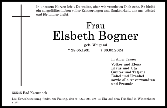 Traueranzeige von Elsbeth Bogner von Oeffentlicher Anzeiger