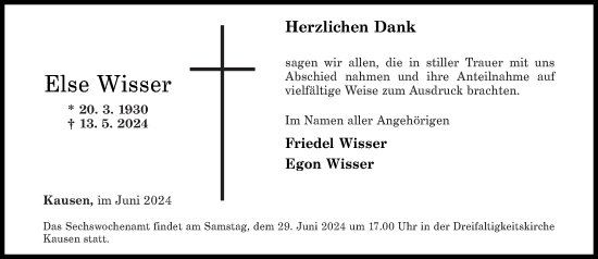 Traueranzeige von Else Wisser von Rhein-Zeitung