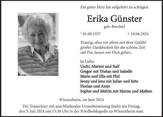 Traueranzeige von Erika Günster von Oeffentlicher Anzeiger